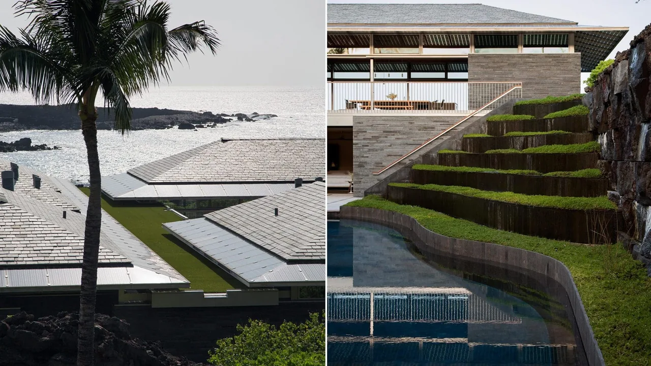 Modern oceanfront residence with tiered grassy steps adjacent to a pool and shingled roofing.