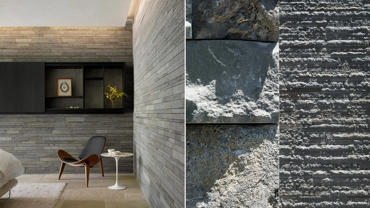 Stone wall cladding detail and bedroom interior corner with minimalist furniture.