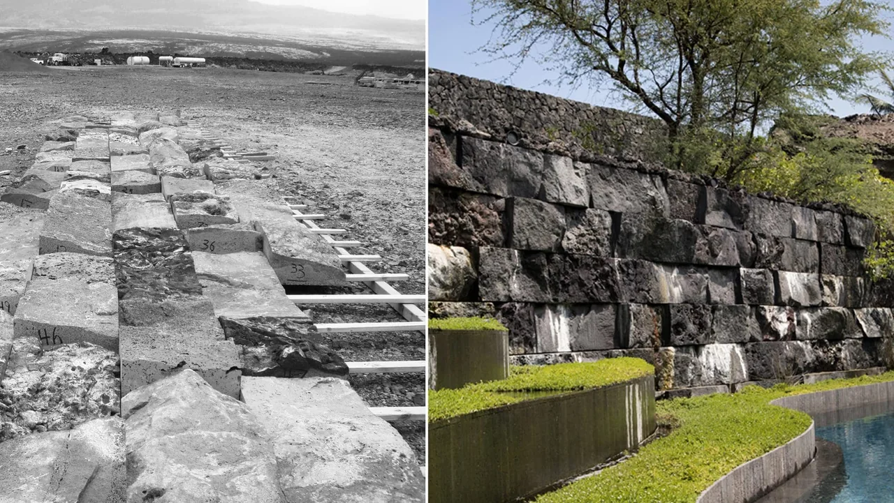 The left image shows basalt blocks arranged for wall construction, and the right image shows a similar completed basalt stone wall with a swimming pool.