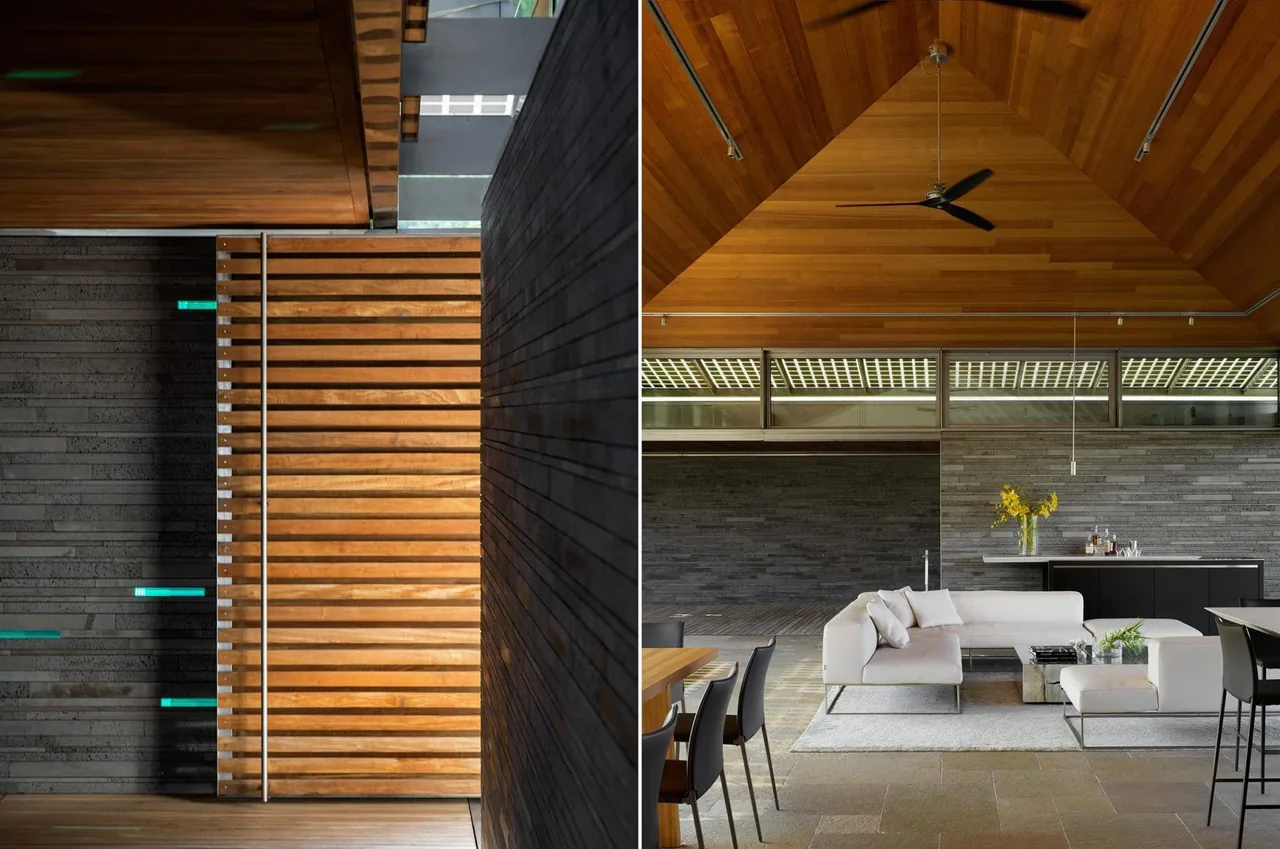 Interior and architectural details featuring wood ceiling, stone walls, and modern living space in residence.