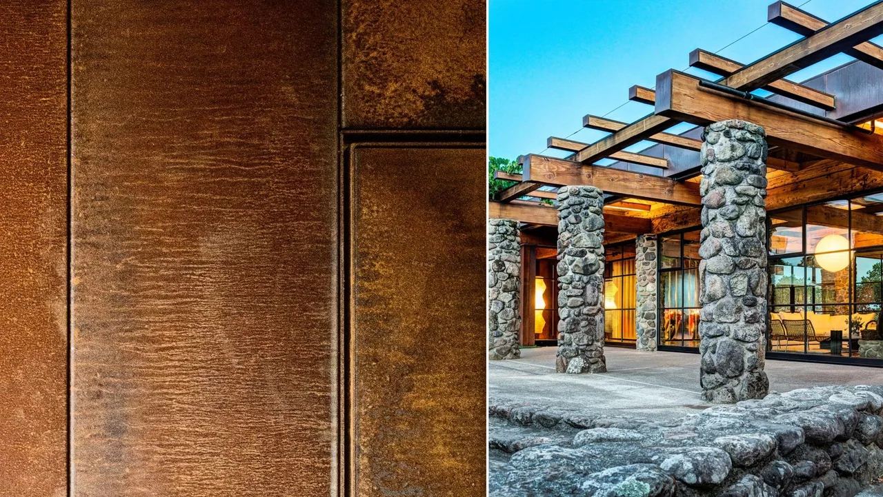 Napa Residence features weathered metal siding and an exterior with exposed wood beams and stone columns.
