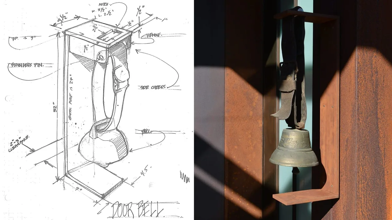 A rust-textured metal doorbell fixture with a hanging bell is shown in sunlight.