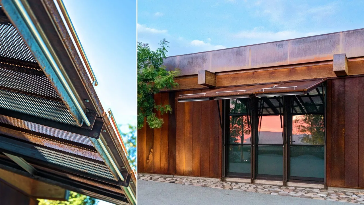 Rust-textured exterior walls and wooden beams characterize the facade of the Napa Residence by Lundberg Design.