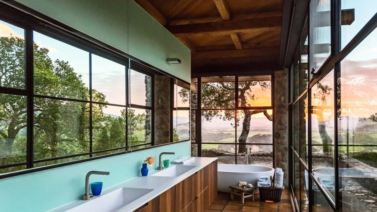 Napa Residence bathroom by Lundberg Design features wood cabinetry and wall-to-wall windows overlooking a natural landscape.
