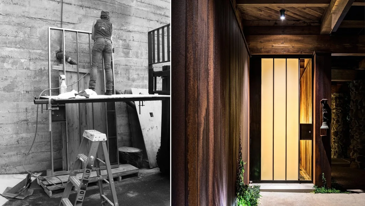 The Napa Residence entry features a vertically paneled door with rustic wood beams and stone wall details, highlighting evening lighting.
