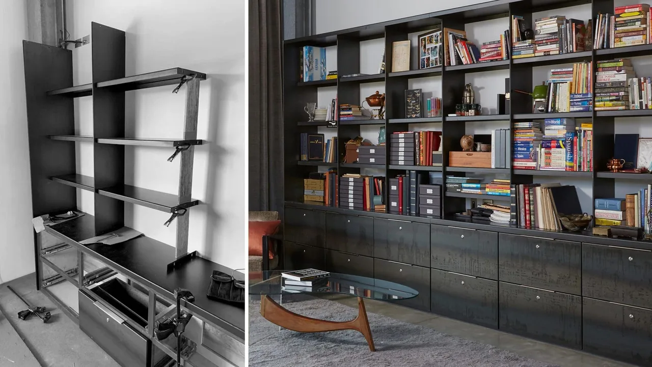 Black built-in bookshelf with storage cabinets and glass-top coffee table in the Flying Dollar Residence living space.
