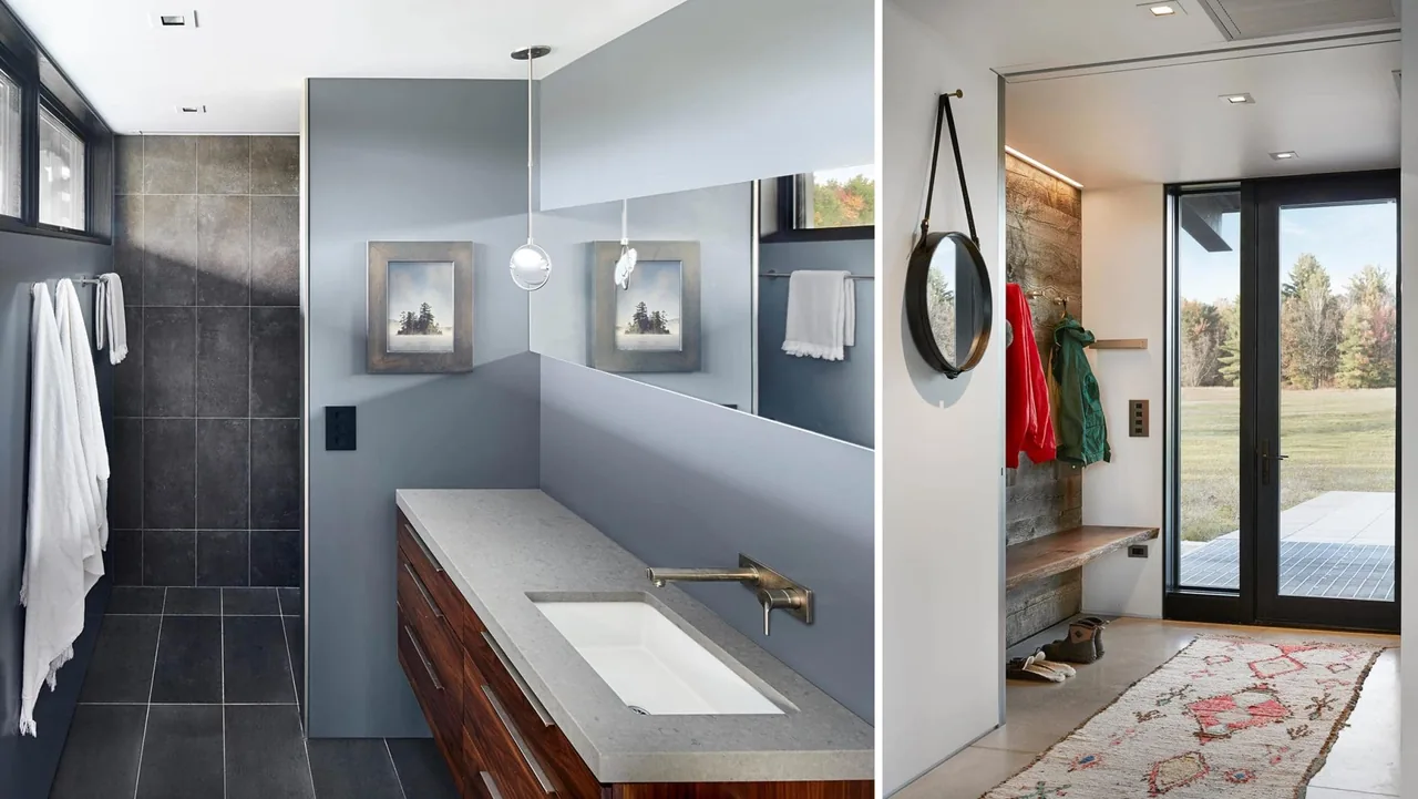 The Flying Dollar Residence features a modern bathroom with walk-in shower and a mudroom with glass door and wooden bench