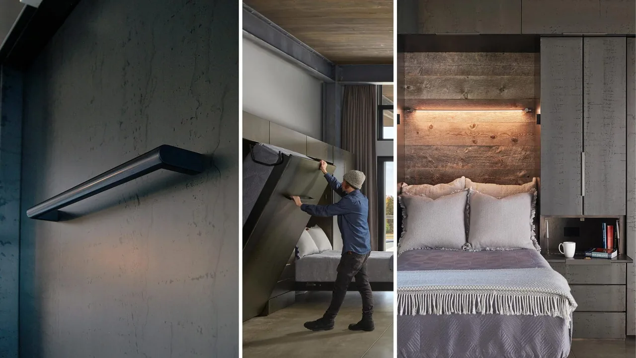 Floating bed with lift mechanism in a contemporary bedroom featuring wood panel headboard and built-in shelving.