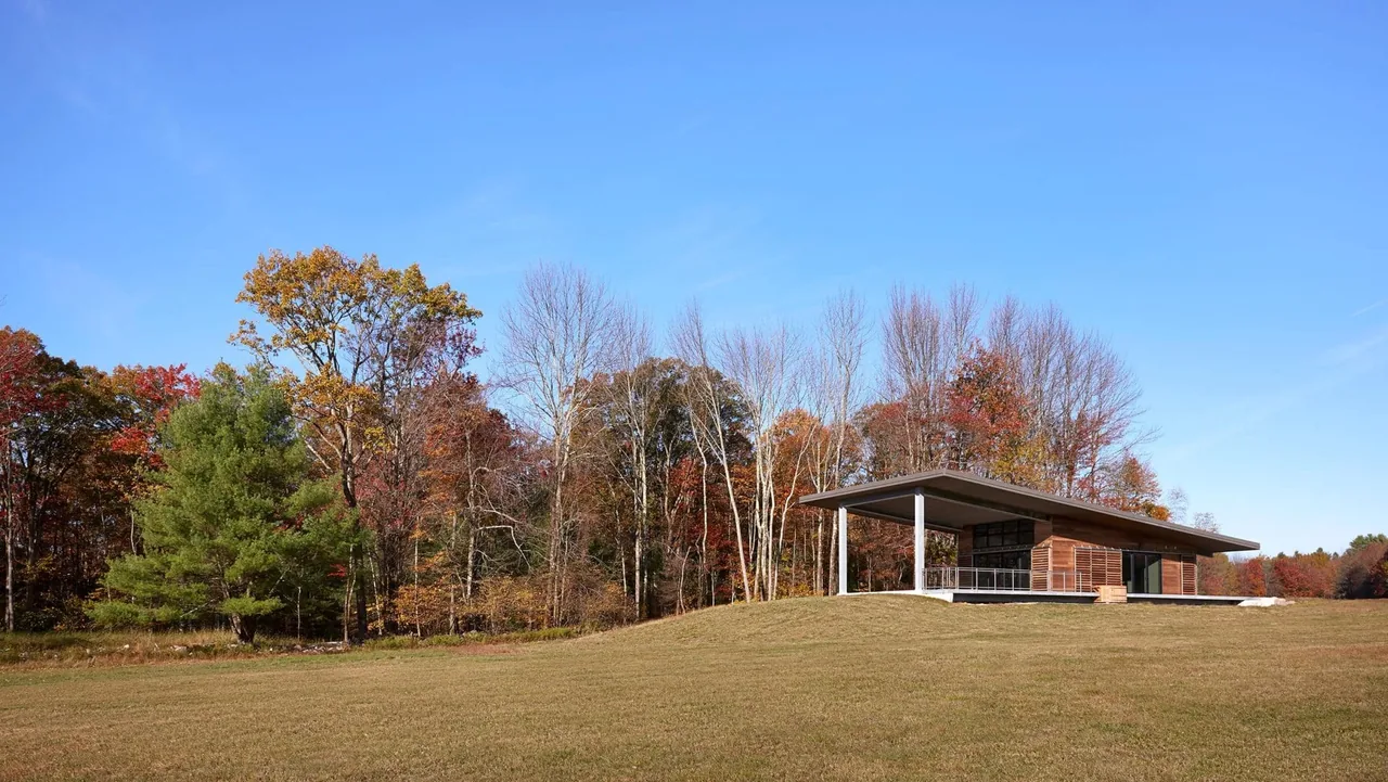 The Flying Dollar Residence features a flat roof pavilion with wood siding amidst fall foliage in a spacious natural setting.