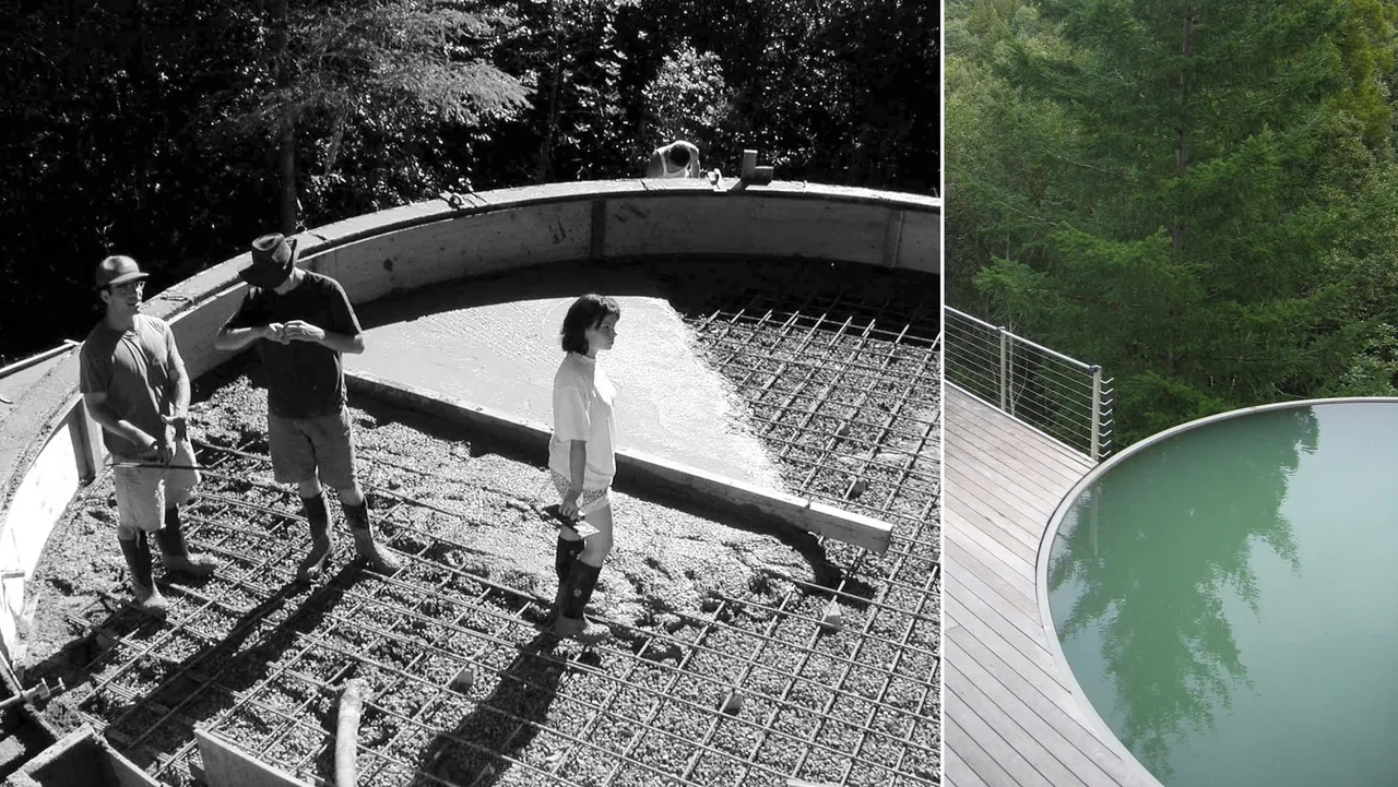 Construction phase of a circular concrete foundation with rebar and a finished pool with wooden deck in a forested setting.