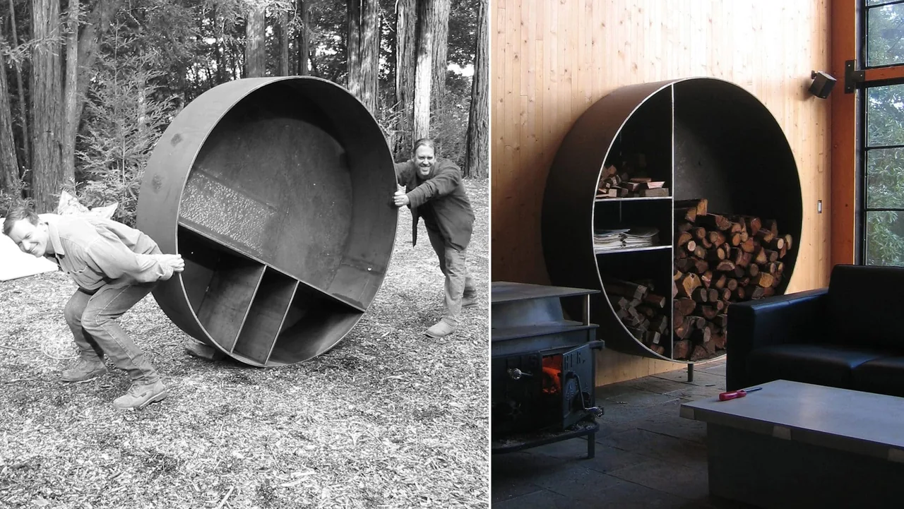 Round black metal firewood rack with storage compartments, showcased outdoors being moved and indoors beside a wood stove and window wall.