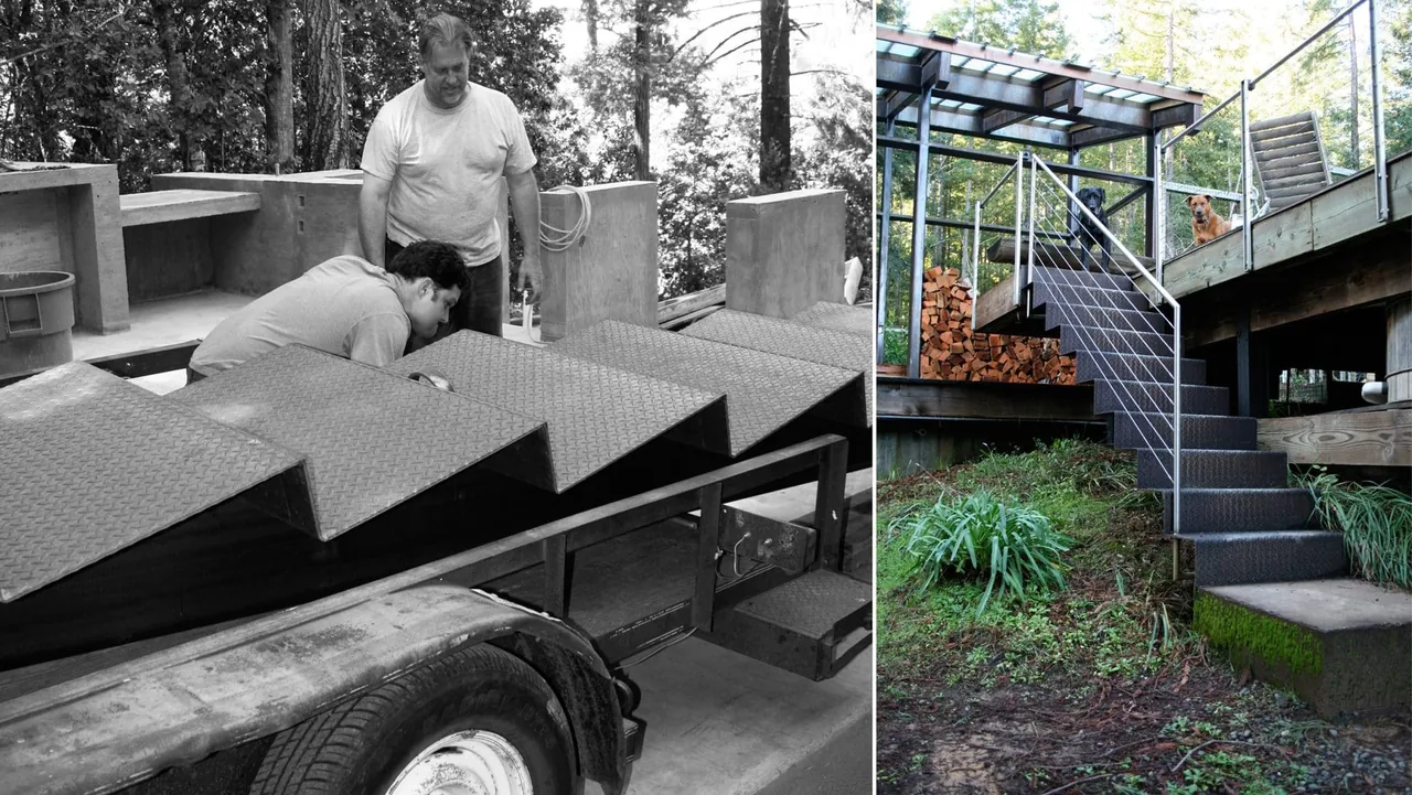 Metal zigzag stairs lead from a raised wood deck with metal railings down to a forested ground level with a dog looking on.