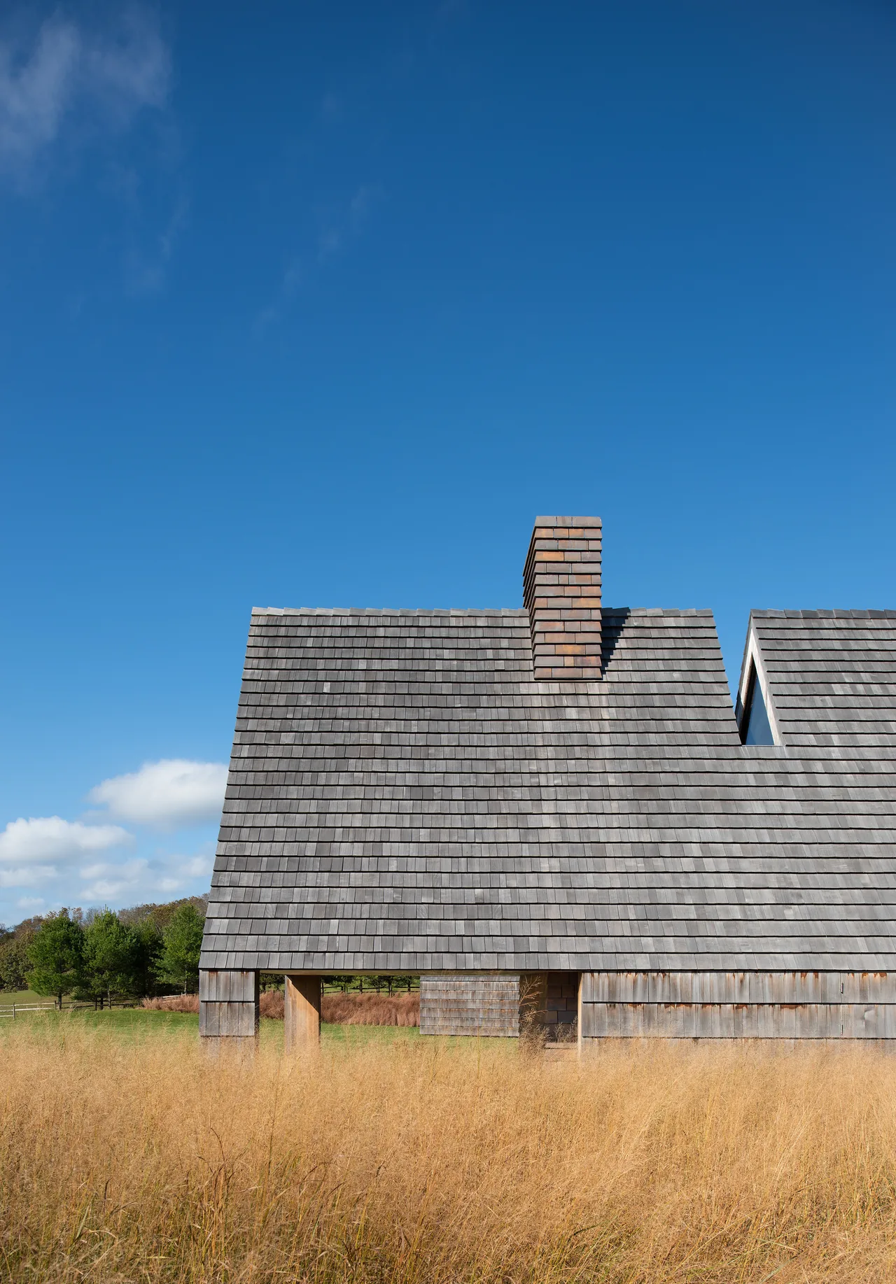 Steep gable roof clad in wood shingles with a brick chimney, surrounded by dry ornamental grass.