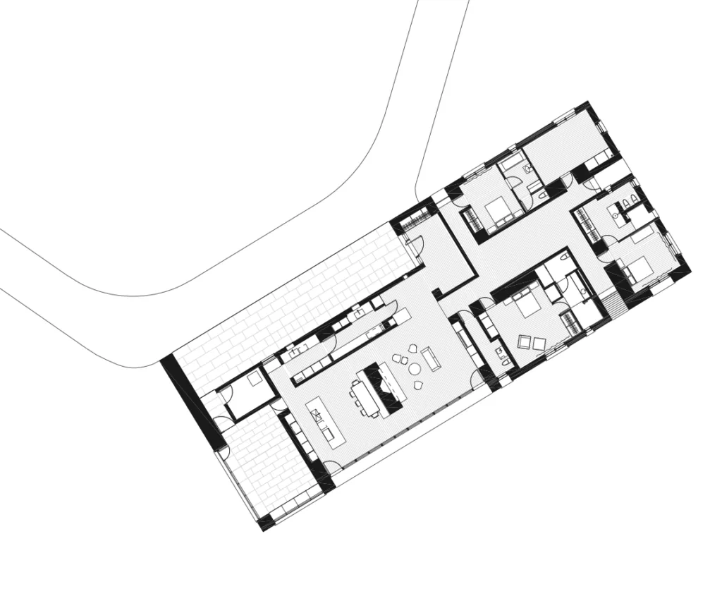 Floor plan drawing of Bayhouse illustrating spatial organization and interior furniture placement.