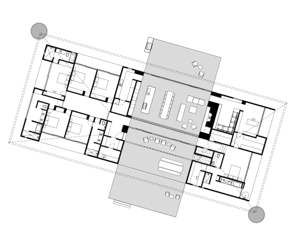 Floor plan of Lone Mountain Ranch House illustrating room arrangement and outdoor spaces.