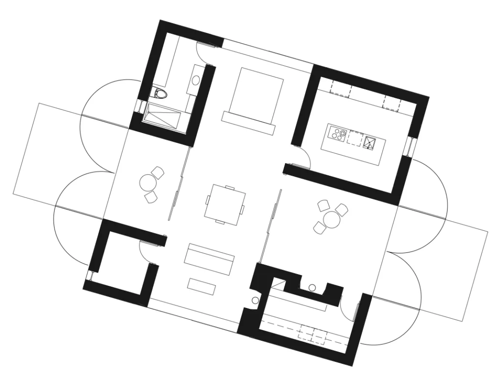 Floor plan of the Adobe Canyon House showing bedroom, kitchen, living area, and bathroom layout.