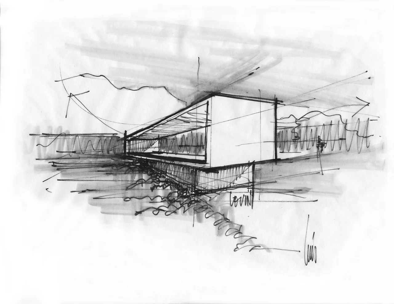 Conceptual sketch of a modern cantilevered rectangular building form in a desert-like setting.