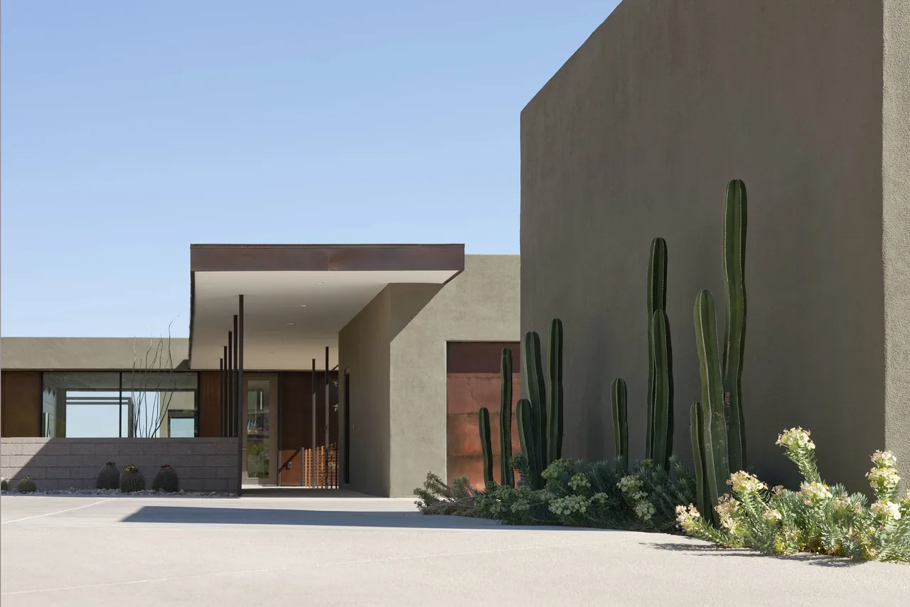 Modern desert home exterior featuring stucco walls and tall columnar cacti landscaping.
