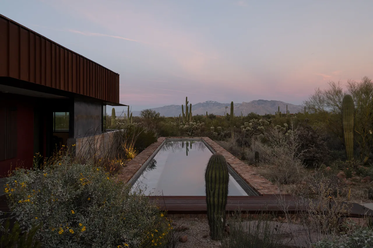 TS Falls West Residence features a reflective pool adjacent to a rust-colored facade in a desert landscape setting.