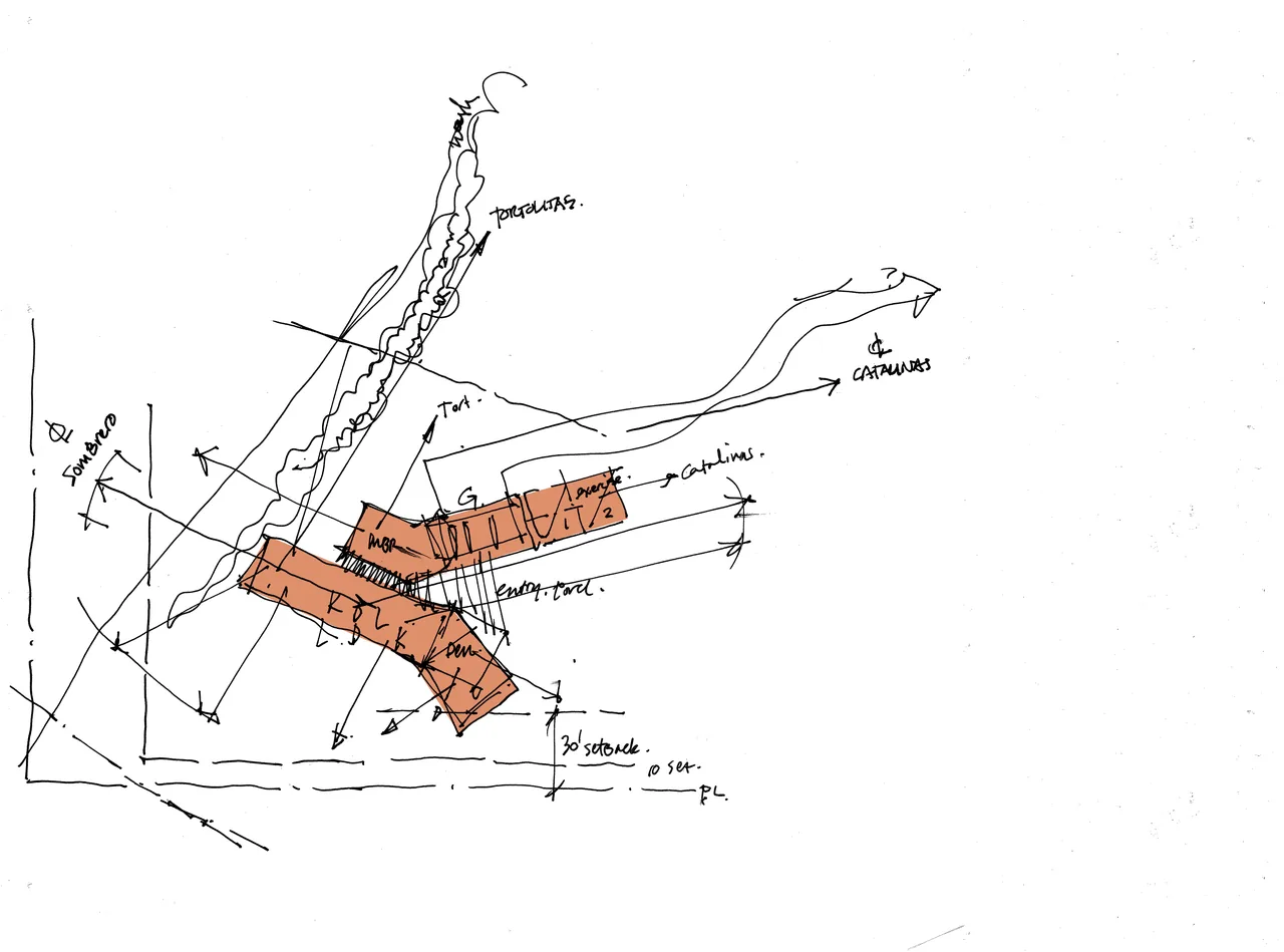Concept sketch for TS Falls West Residence showing rough building layout and site orientation with annotations.