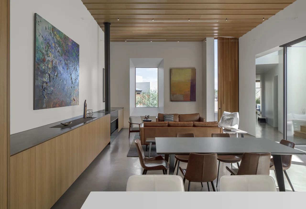 Casa Schneider living and dining area with leather seating and wood ceiling by Ibarra Rosano Design Architects.