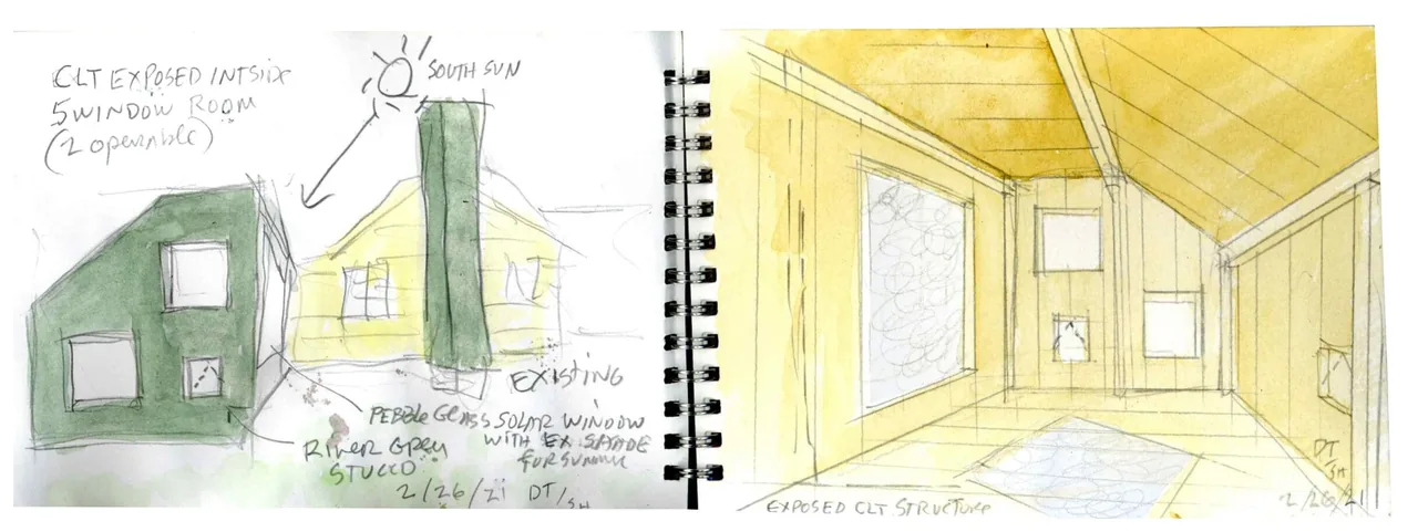 Hand sketches of a building addition showing exposed CLT inside with window openings and south sun orientation.