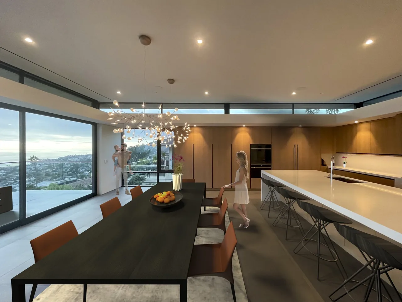 Open-plan kitchen and dining room with black window frames and expansive hillside views at Anacapa House.