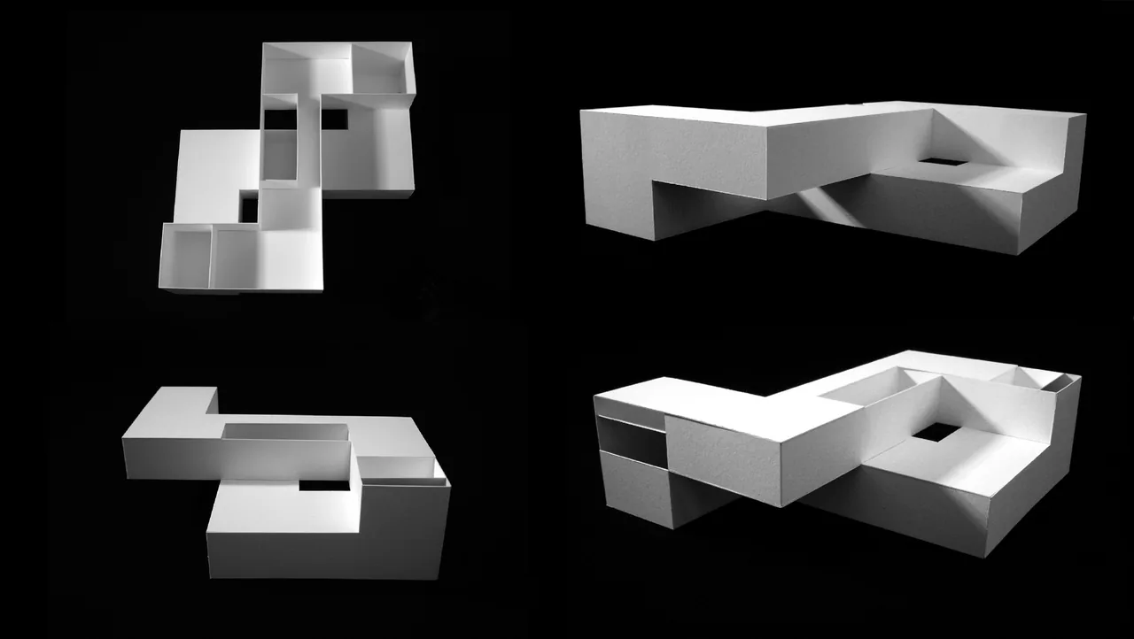 Architectural model of the Dutchess County Residence Main House showing stacked volumes and horizontal composition from four perspectives.
