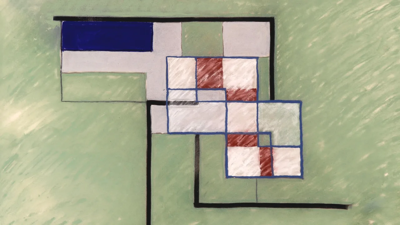 Hand-drawn plan view of a residential architectural design with distinct colored sections on a soft green ground.