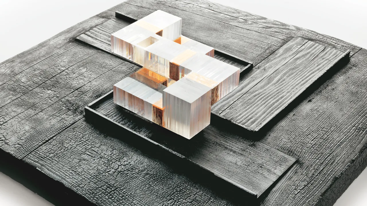 Model showing illuminated translucent building volumes on a textured wood base for Dutchess County Residence Main House.