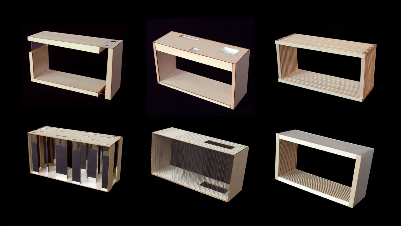 Different versions of a rectangular architectural model exploring material and form variations for the Dutchess County Residence Main House.