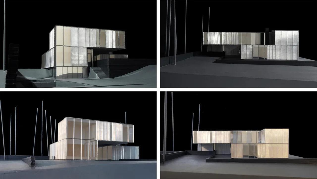 Architectural model showing a modern two-story house with stacked volumes and a horizontal layout for the Dutchess County Residence Main House.