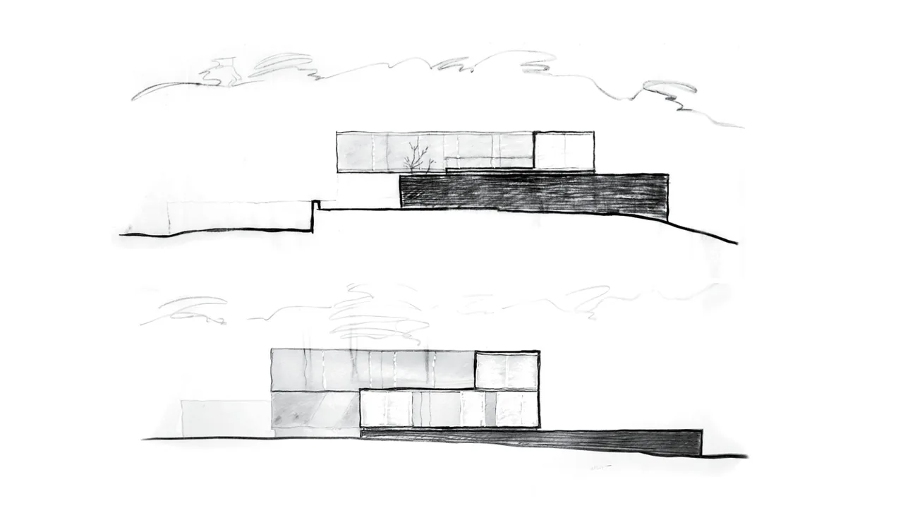 Elevation sketches of the two-story Dutchess County Residence showing stacked rectangular volumes in a modern style.
