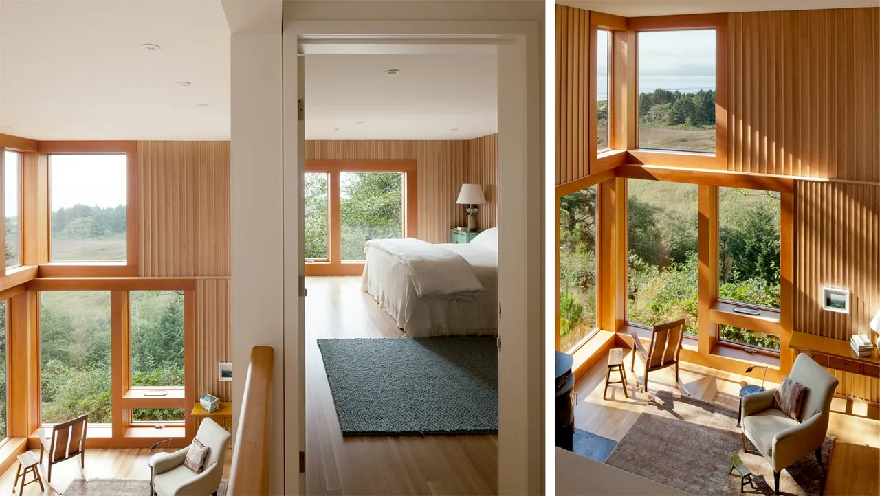 The Neskowin Beach House features wood-paneled walls, a bedroom with large windows, and a double-height living area with floor-to-ceiling glazing.