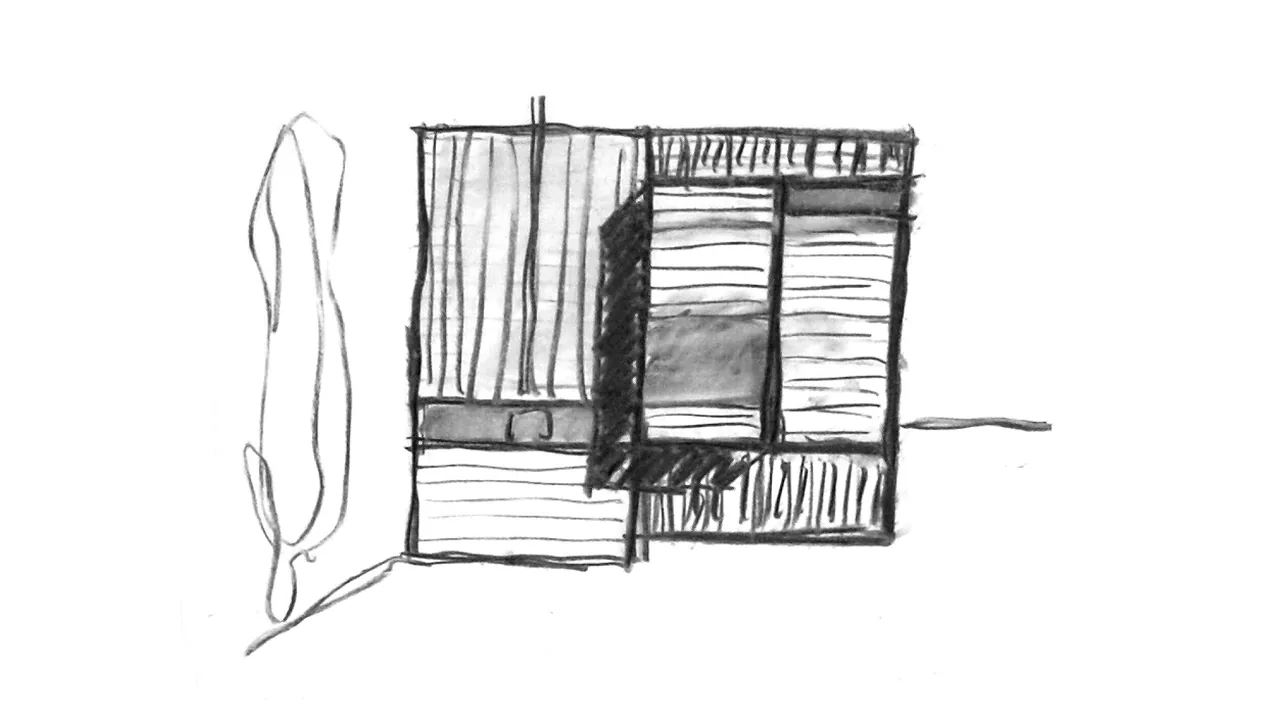 Hand-drawn sketch of a rectangular building with a tall slender tree on the left side.