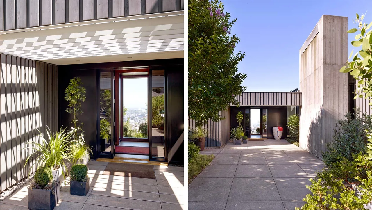 The Portland Heights Residence features vertical wood siding, rough stone masonry, and a multi-section layout with landscaped courtyard.