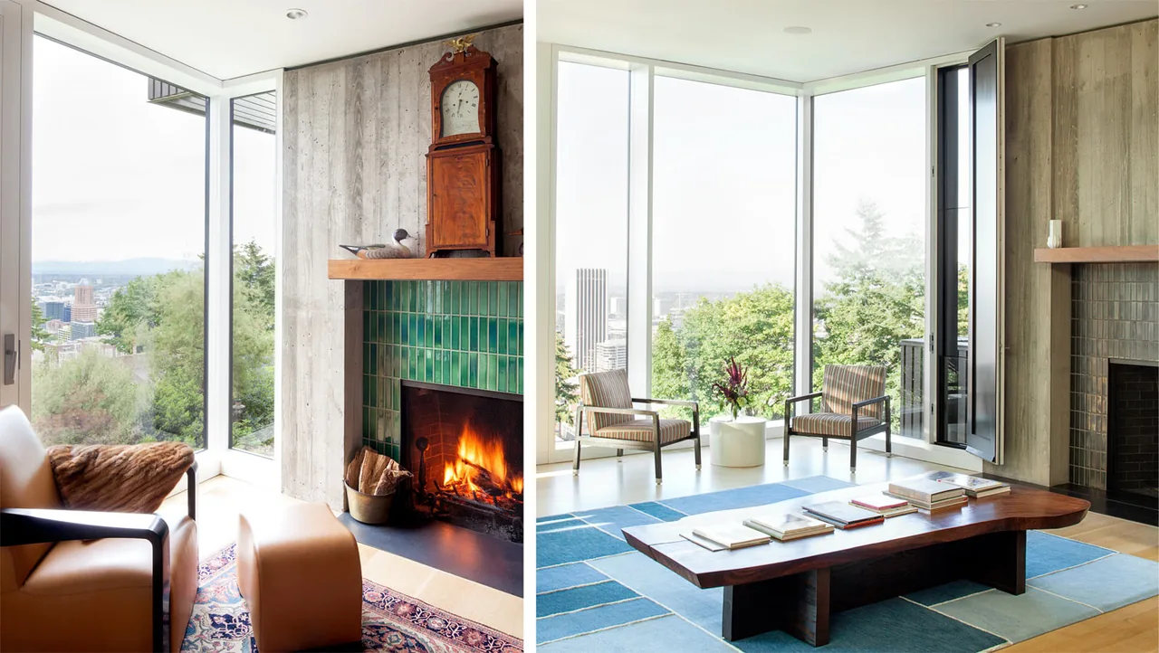 Living room with a green tiled fireplace, large floor-to-ceiling corner windows, and a wooden coffee table overlooking a cityscape.