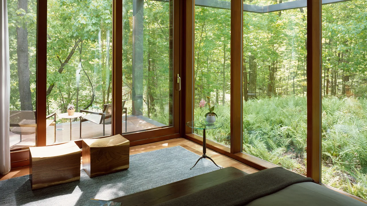 Bedroom corner with floor-to-ceiling glazing offers a forest view surrounded by garden ferns.