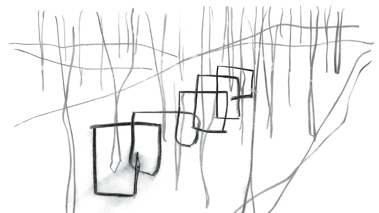 Sketch showing a linear arrangement of rectangular guest house structures among leafless trees.