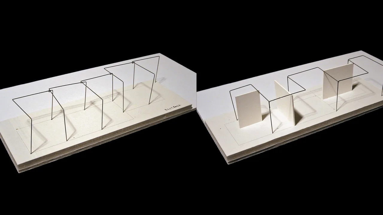 Model of guest house design featuring linear rectangular forms and vertical rods, illustrating spatial organization.