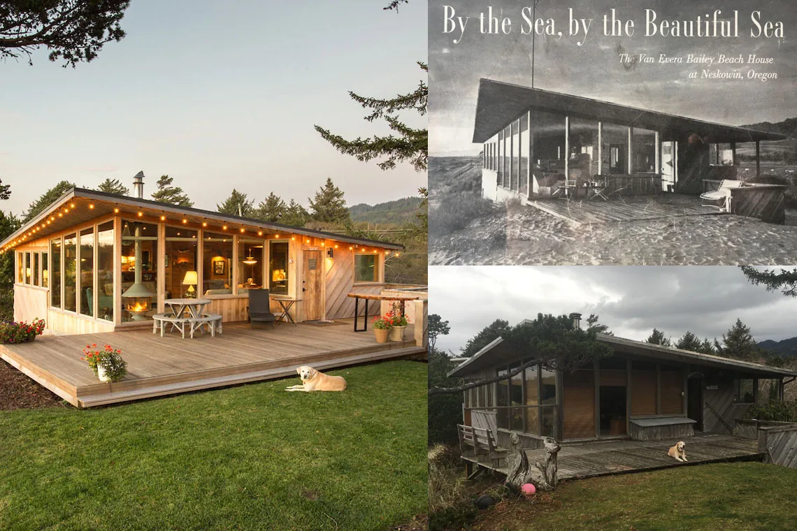 Remodeled Oregon Coast beach house featuring extensive glass walls and a spacious wooden deck, shown with an original photo inset.