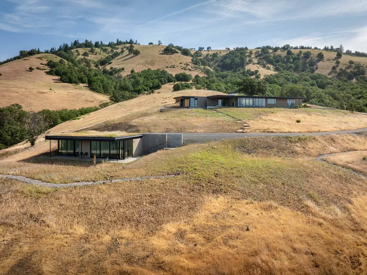 Bald Mountain Residence features two flat-roof modern structures among dry grass hills with a green roof and concrete wall elements.