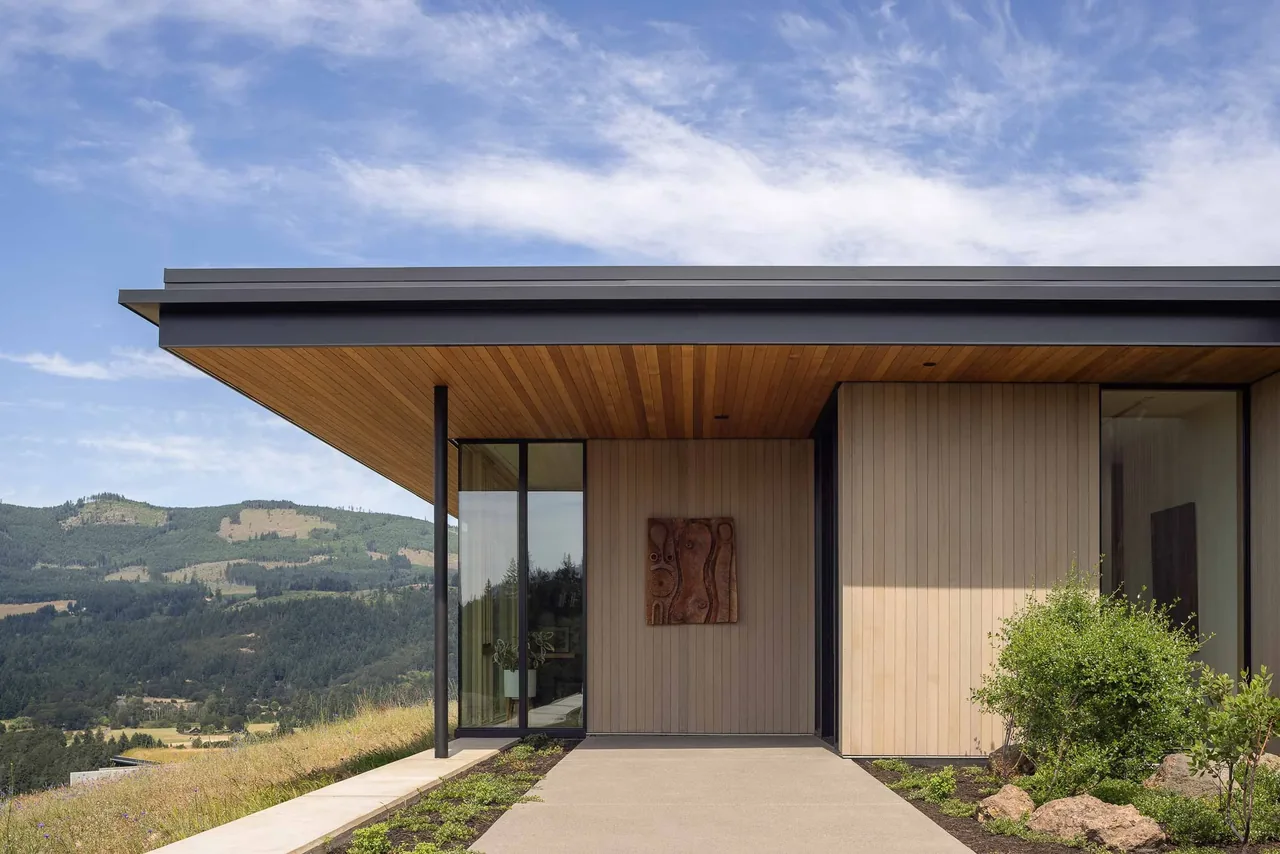 Bald Mountain Residence entrance features a flat roof with wood soffit and black window frames, set on a hillside with mountain views.
