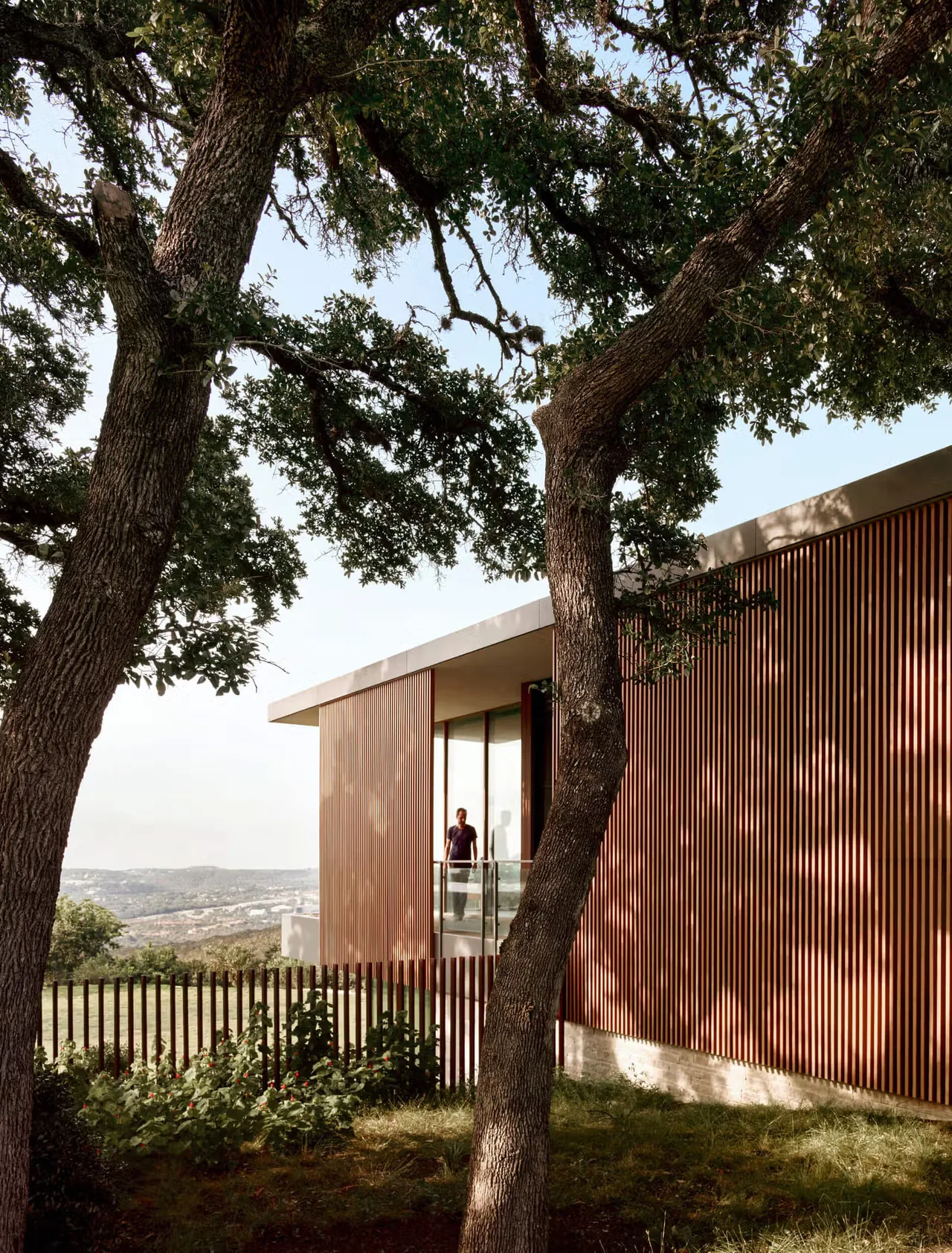 City Park Residence features vertical wood siding and a glass-railed balcony seen through mature oak trees.