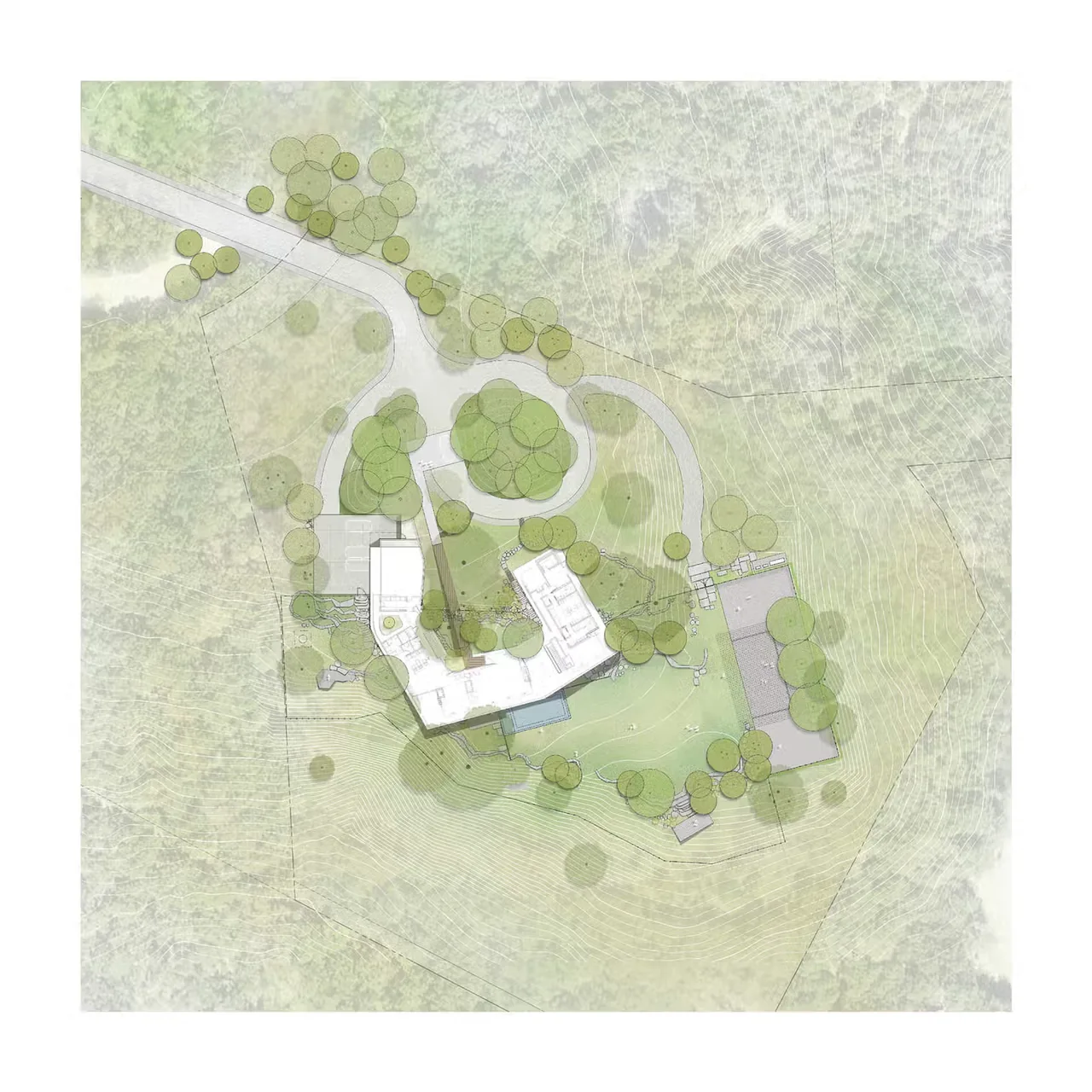 Site plan for City Park Residence showing residence layout, driveway, and mature trees in the landscape.