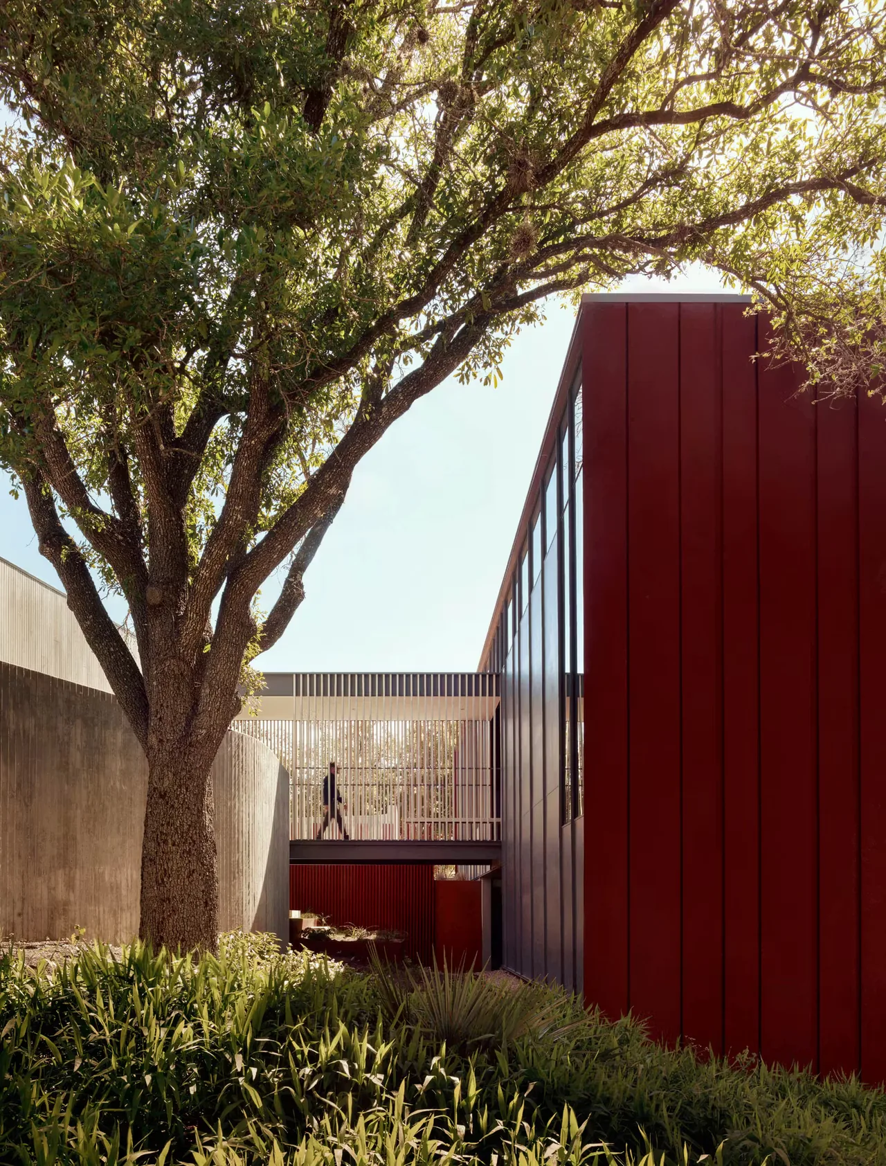 The Barton Hills Residence features a red metal facade, wood slats, and a concrete perimeter wall in Austin.