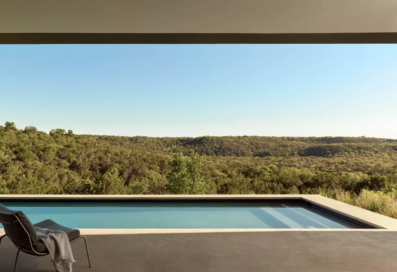 This exterior view shows a flat-roofed patio with a rectangular pool adjacent to a forested area.