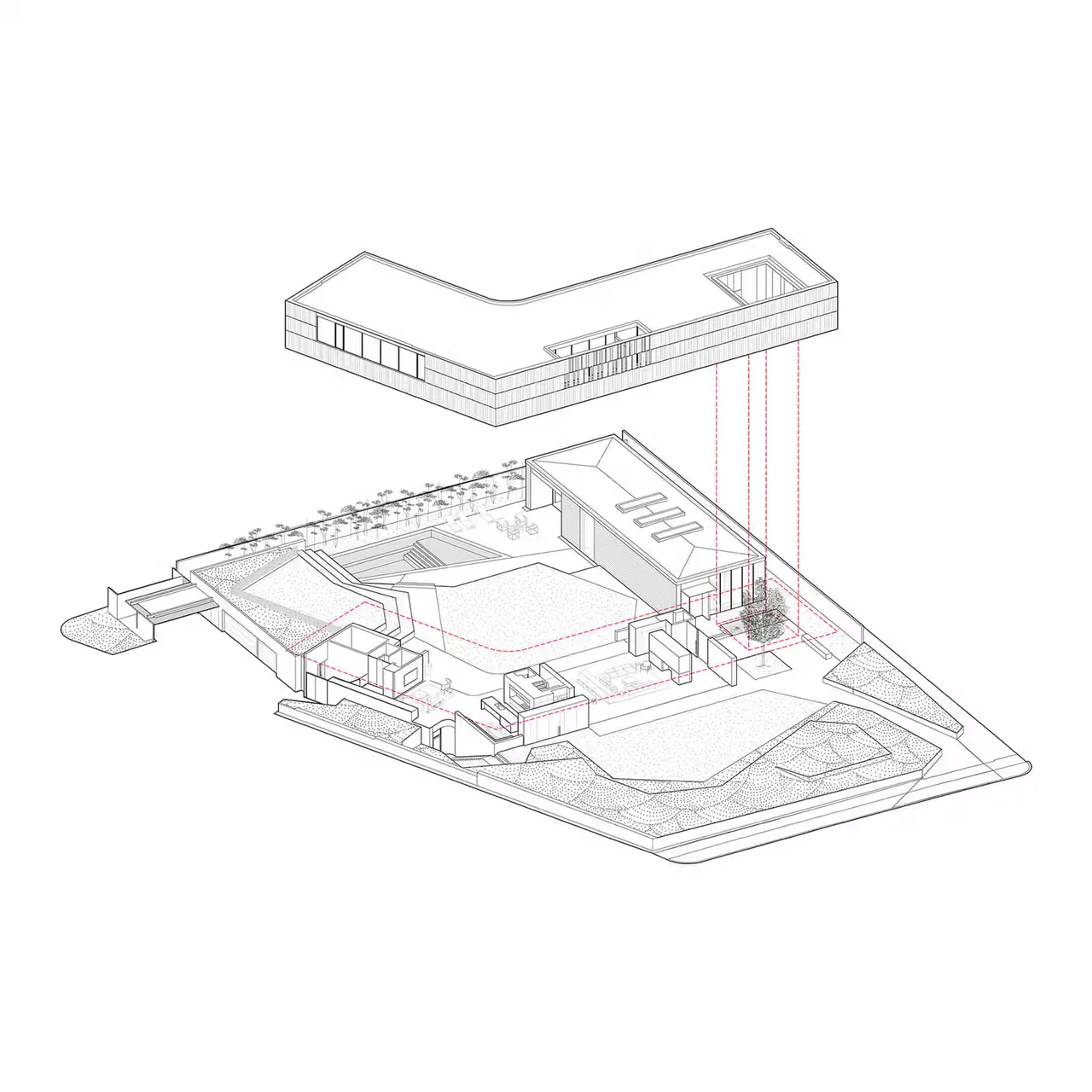 Exploded axonometric drawing of Highland Park Residence showing building structure and landscape design by Alterstudio.