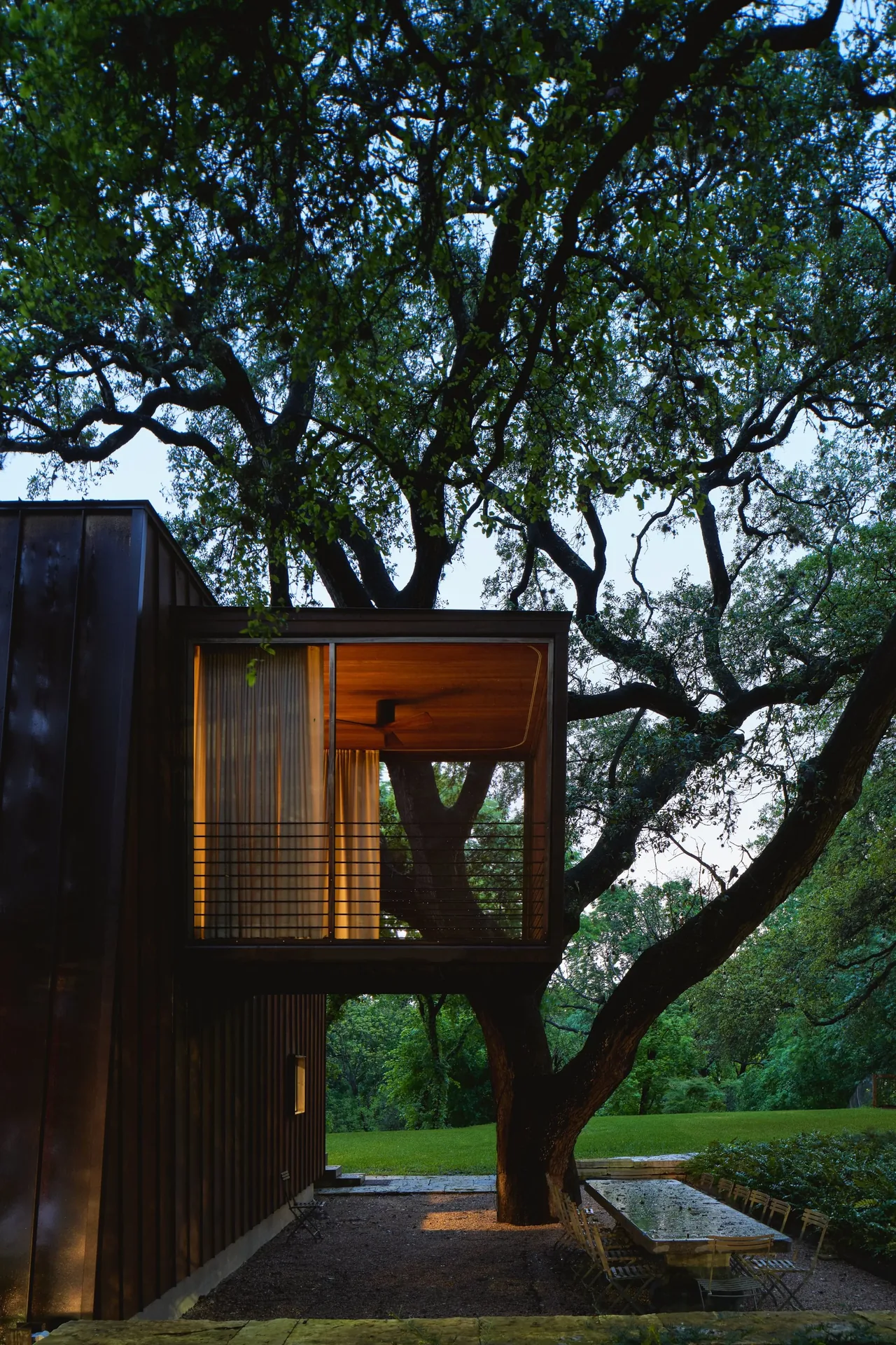 Cantilevered room with floor-to-ceiling glazing and sheer curtains overlooking a garden beside a large tree.