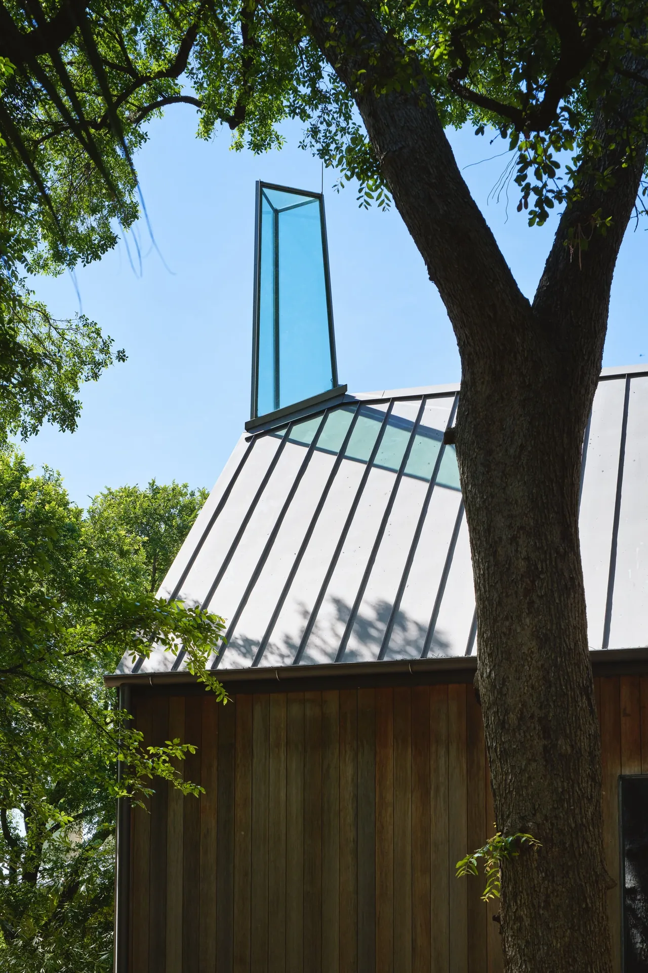 Metal roof with vertical ridges and a tall blue glass chimney extends above dark wood siding, surrounded by trees.